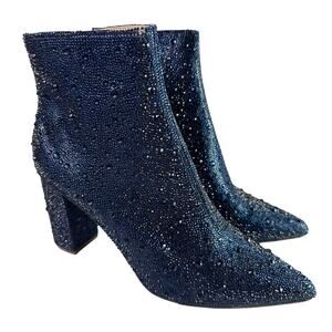 Betsey Johnson Cady Ankle Boots Navy Rhinestones Women's 9 Block Heel Side Zip